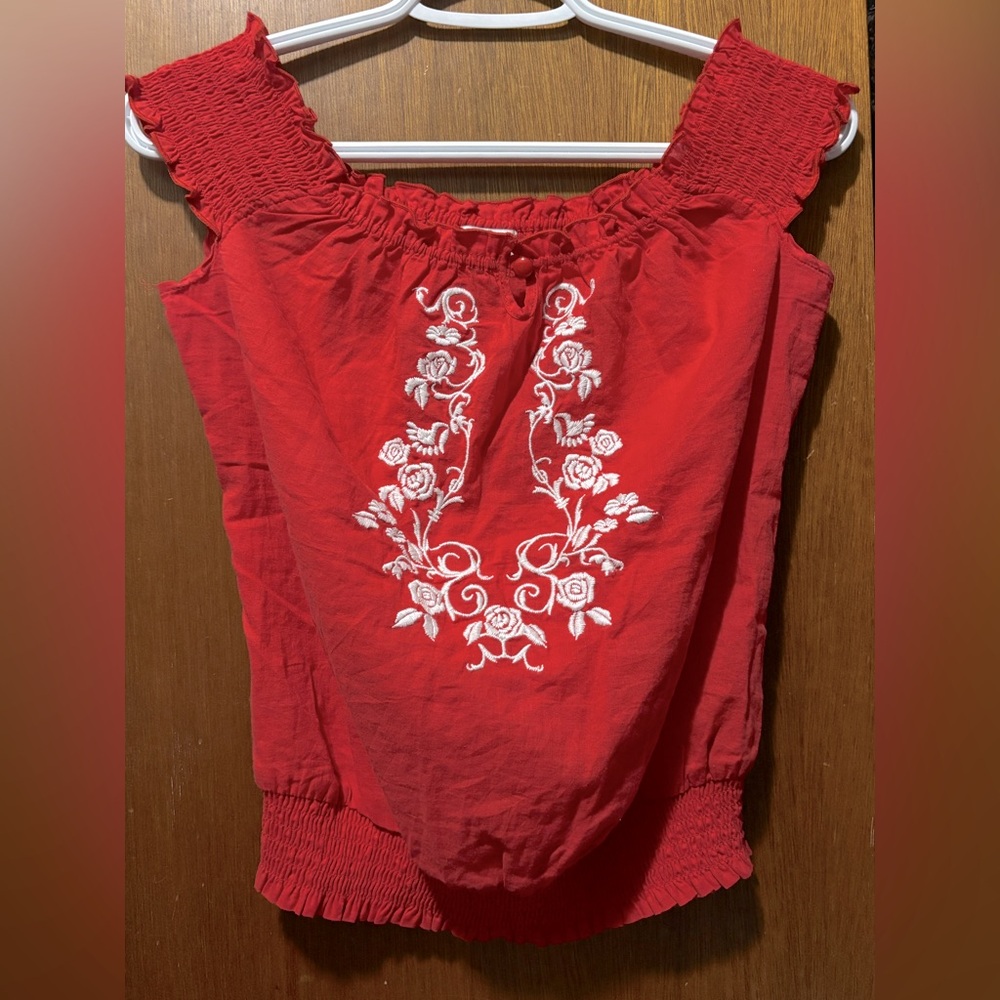 Dynamite • Red-Orange Floral Embroidered Top